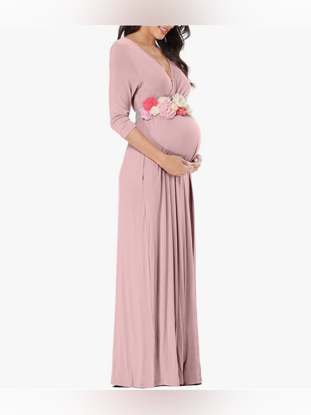 🌸 KIM S Maternity Maxi Dress-Flower Sash-Wrapped Ruched VNeck-Baby Shower Dress - Picture 3 of 6